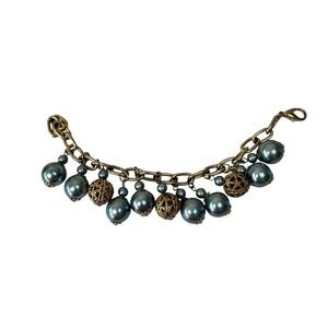 Vintage Style Gold Tone Faux Pearl Filigree Bead Link‎ Charm Bracelet Blue Grey